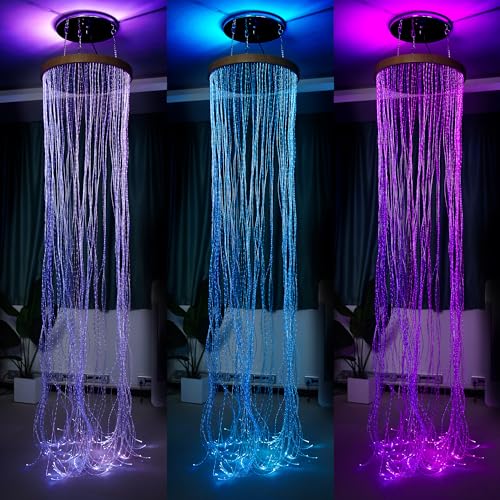 Round Fiber Optic Curtain Rings with Wooden Base. Multi-Color Changing Waterfall Lamp Perfect for Home Decor. School. Clinic and Dark Sensory Room - Ideal for Kids