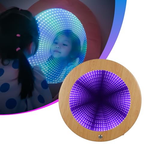 Circle Infinity Mirror Sensory - Wall-Mountable & Floor-Standing - Ideal for Sensory Rooms & Autism Support - Features Multiple Light Changes & Smooth Wood Grain Finish