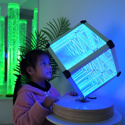 Rotating Magic Cube Sensory Therapy Infinity Prismatic Reflection Mirror LED Lighting with Wooden Stand. Geometric RGB Changing Art Mood Night Light for Home Decor and Sensory Room